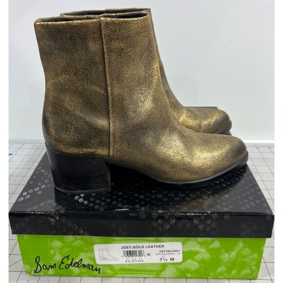 Sam Edelman Joey Gold Leather Side Zip Heeled Ankle Boots 2.5" Women's Sz. 7.5 - Picture 3 of 10